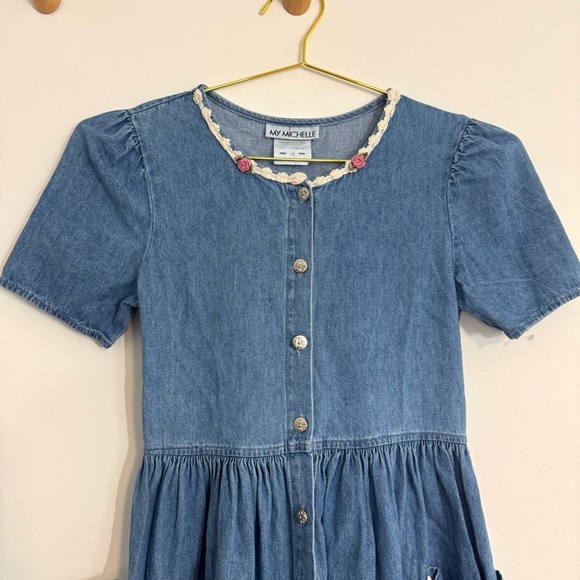 SOLDMy Michelle Vintage Blue Denim Modest Prairie Midi Button Down Dress Floral - Picture 3 of 9